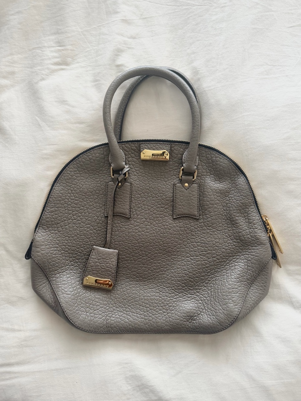 Authentic Burberry Orchard Heritage Grained Large Grey Leather Bowling Bag